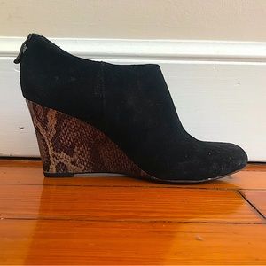 Suede wedge booties with snakeskin detail